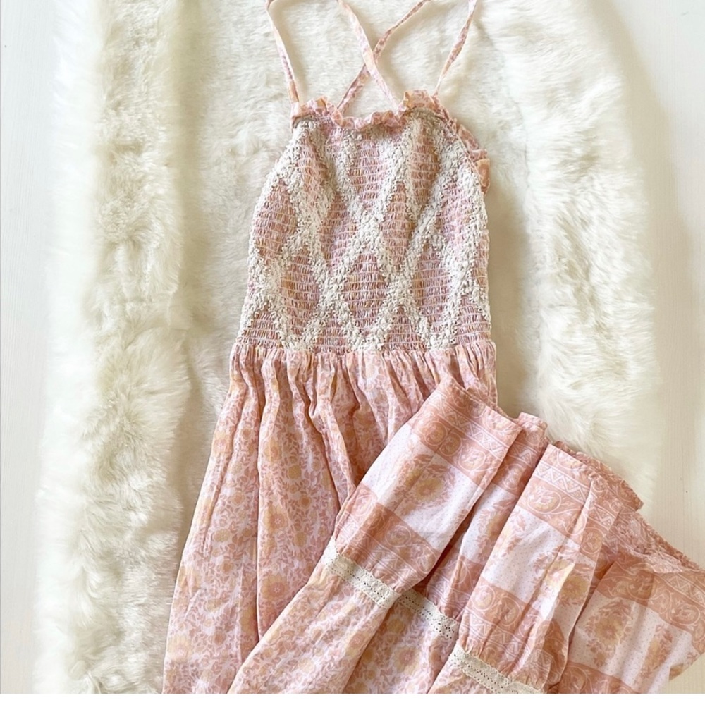 Christy Dawn Peachy Pink and Cream Lace Smocked Noelle Maxi Dress